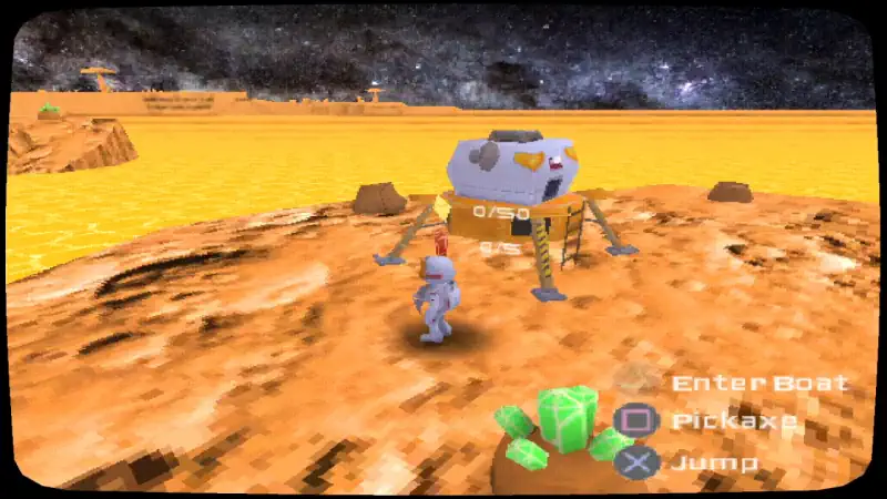 32bit game jam astroman and the planet of crystals screenshot. Astronaut next to the lander