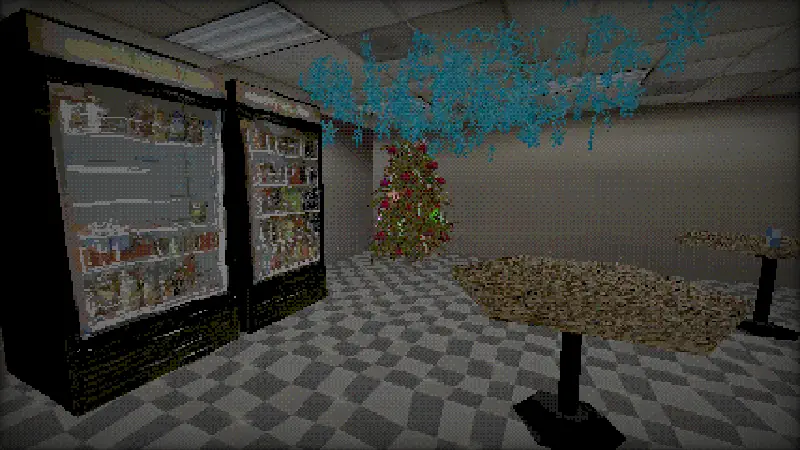 Box Game break room Christmas tree scene