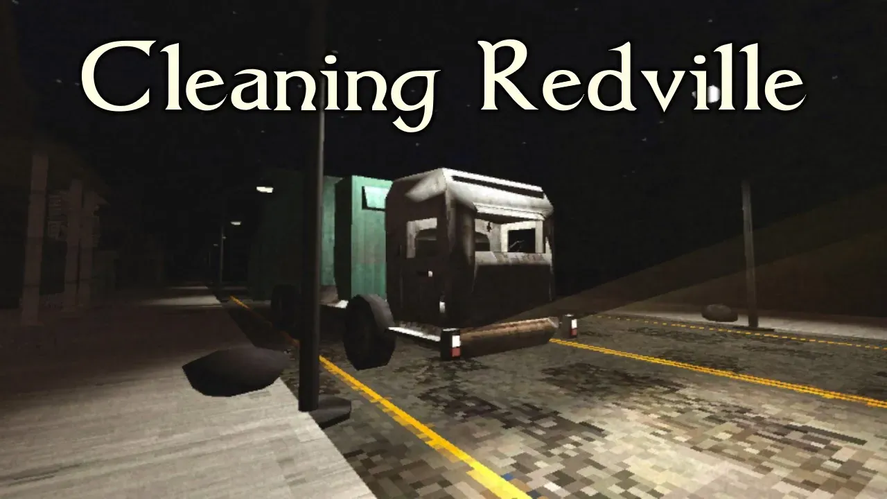 Cleanining Redville garbage truck driving around at night.