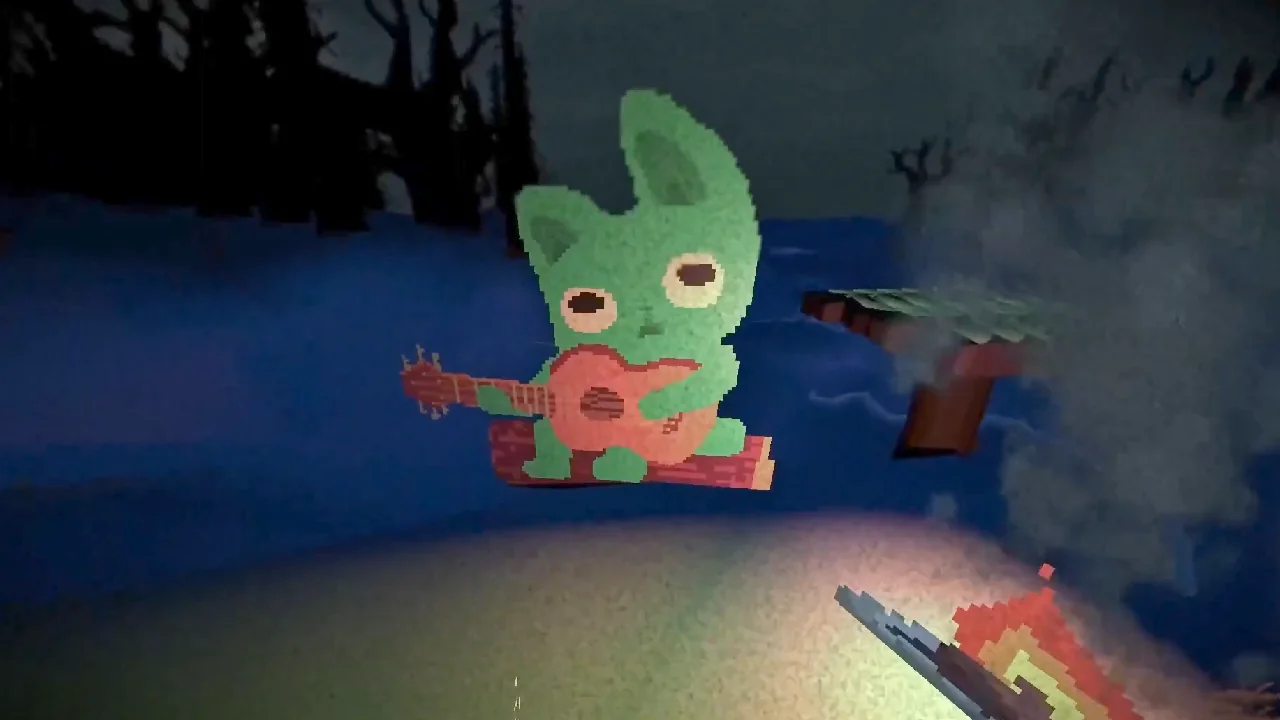 Your rabbit friend plays a guitar near a fear in the dark forest