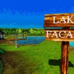 Lake Facade sign and landscape in the background