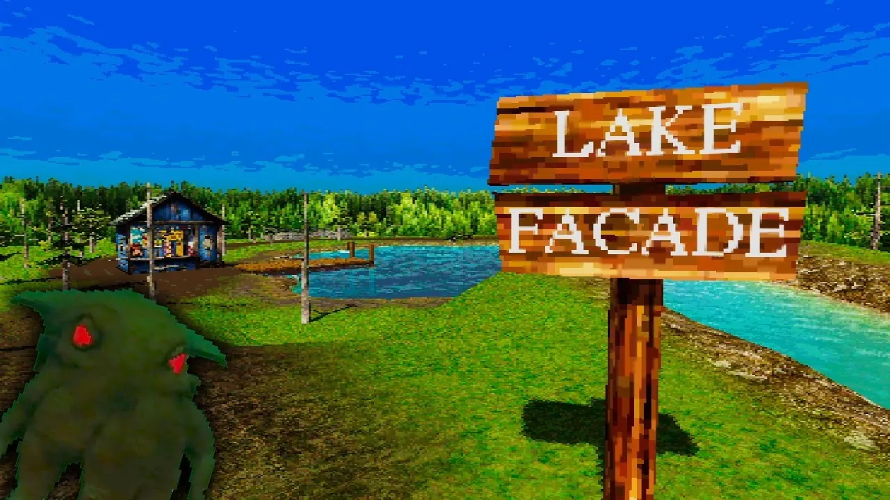 Lake Facade sign and landscape in the background