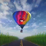 Hot air balloon with a creepy face and a cloudy sky in the background