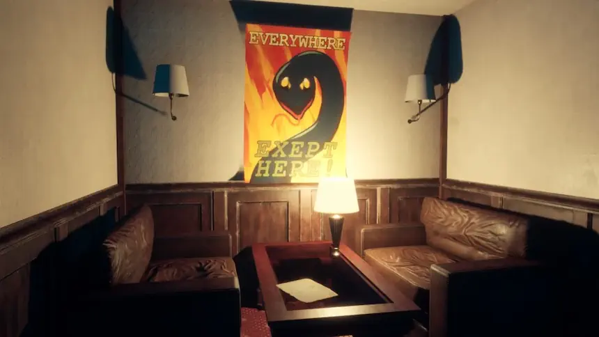 No-Snake Hotel lounge corner with posters