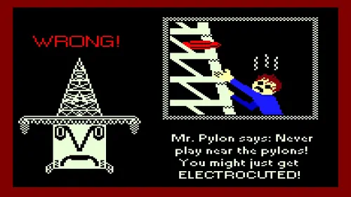 PYLONs game information card with electrocution warning