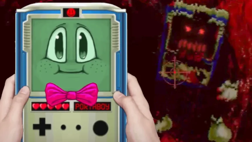 PortaBoy+ handheld console next to creepy monster