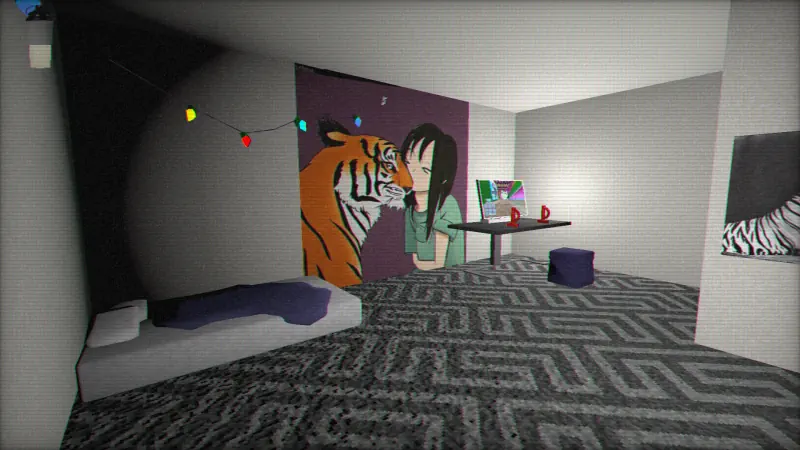 Swole room screenshot with tiger posters, lights, and pc