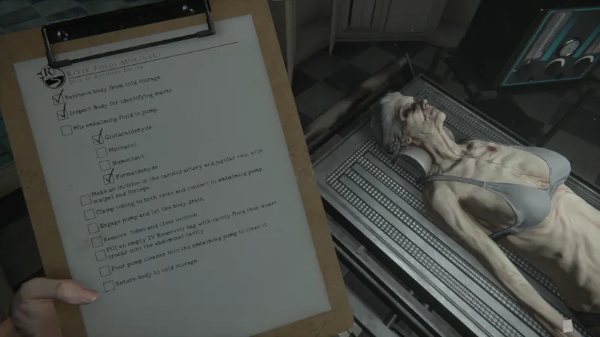 The main character holding a checklist next to a body