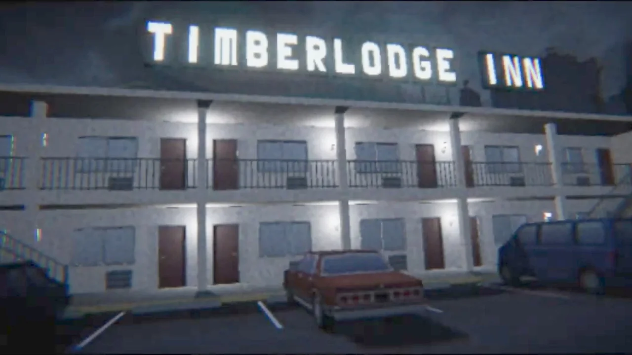 Timberlodge Inn motel with a glowing sign on the top